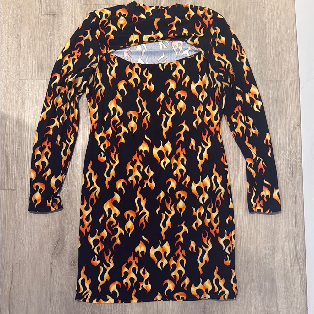 Derek Heart Black Long Sleeve Flame Print Dress